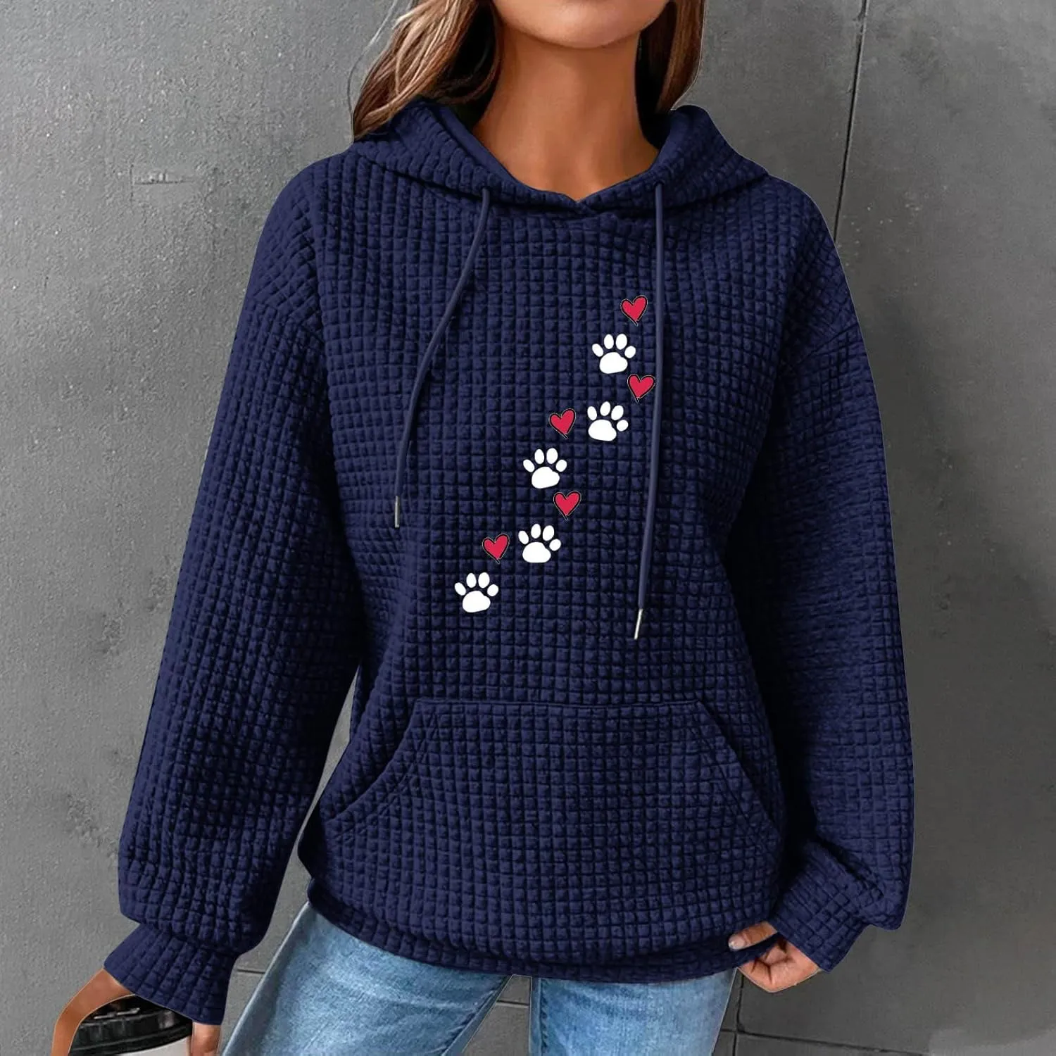 Waffle Hoodies for Women Cute Dog Paw Heart Print Hooded Sweatshirts Dog Lover Winter Casual Pocket Drawstring Pullover Tops
