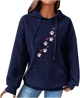 Waffle Hoodies for Women Cute Dog Paw Heart Print Hooded Sweatshirts Dog Lover Winter Casual Pocket Drawstring Pullover Tops