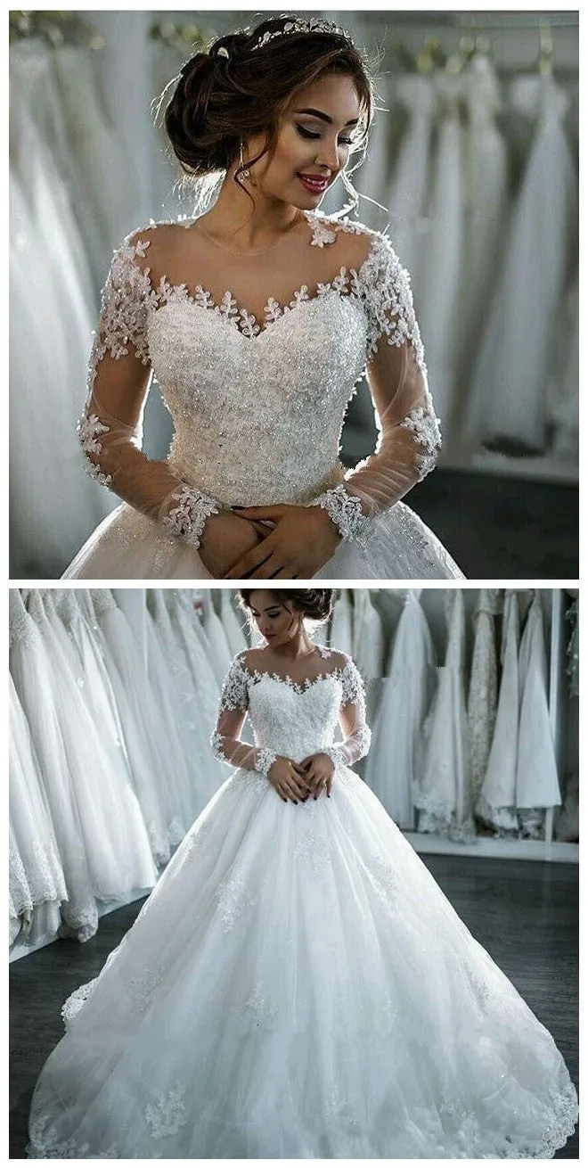White Off the Shoulder Ball Gown Celebrity wedding Dress with Long Sleeves