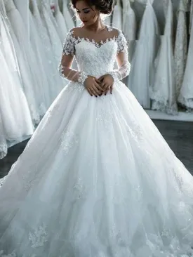 White Off the Shoulder Ball Gown Celebrity wedding Dress with Long Sleeves