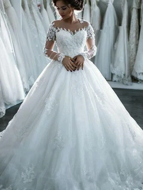 White Off the Shoulder Ball Gown Celebrity wedding Dress with Long Sleeves