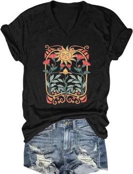 Women V Neck Sunflower Graphic Shirt Cute Dandelion Teen Girls Tee Tops Short Sleeve Cowgirls Casual T Shirts