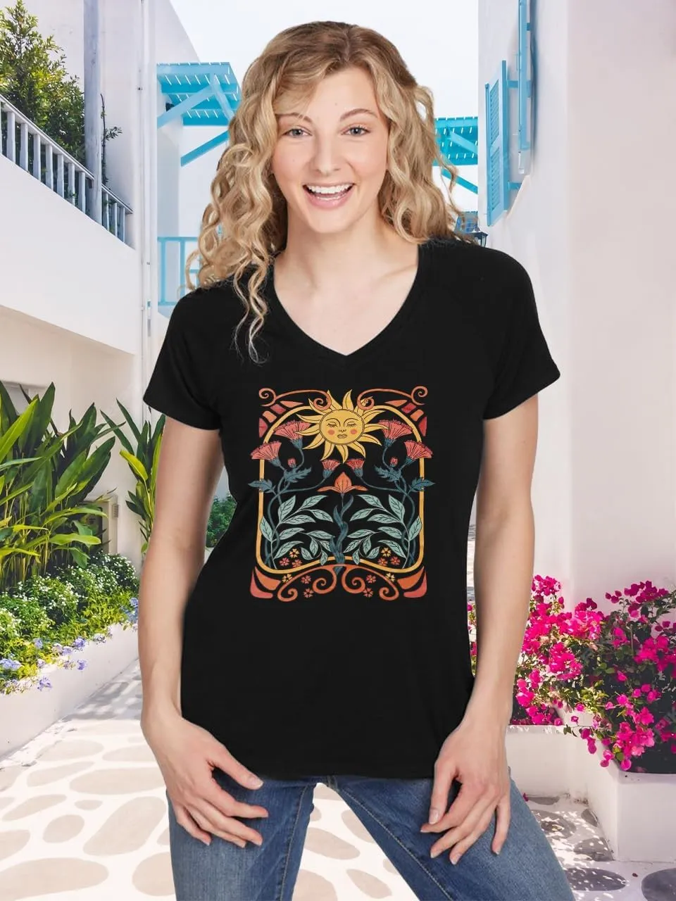 Women V Neck Sunflower Graphic Shirt Cute Dandelion Teen Girls Tee Tops Short Sleeve Cowgirls Casual T Shirts
