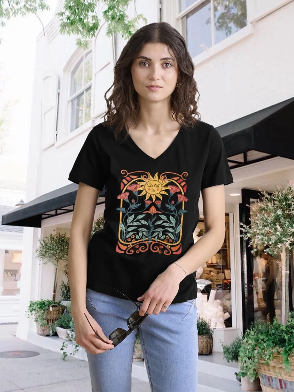 Women V Neck Sunflower Graphic Shirt Cute Dandelion Teen Girls Tee Tops Short Sleeve Cowgirls Casual T Shirts