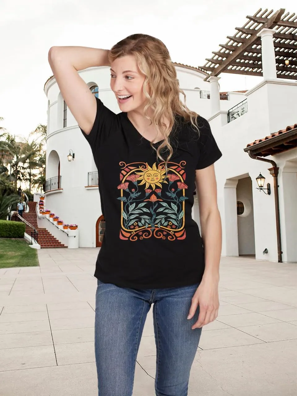Women V Neck Sunflower Graphic Shirt Cute Dandelion Teen Girls Tee Tops Short Sleeve Cowgirls Casual T Shirts