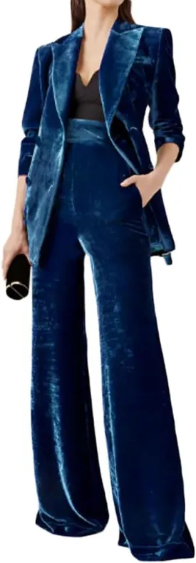 Women's 2 Piece Velvet Suit Office Work Suit Notch Lapel Double Breasted Blazer Pants Business Suits Set for Women