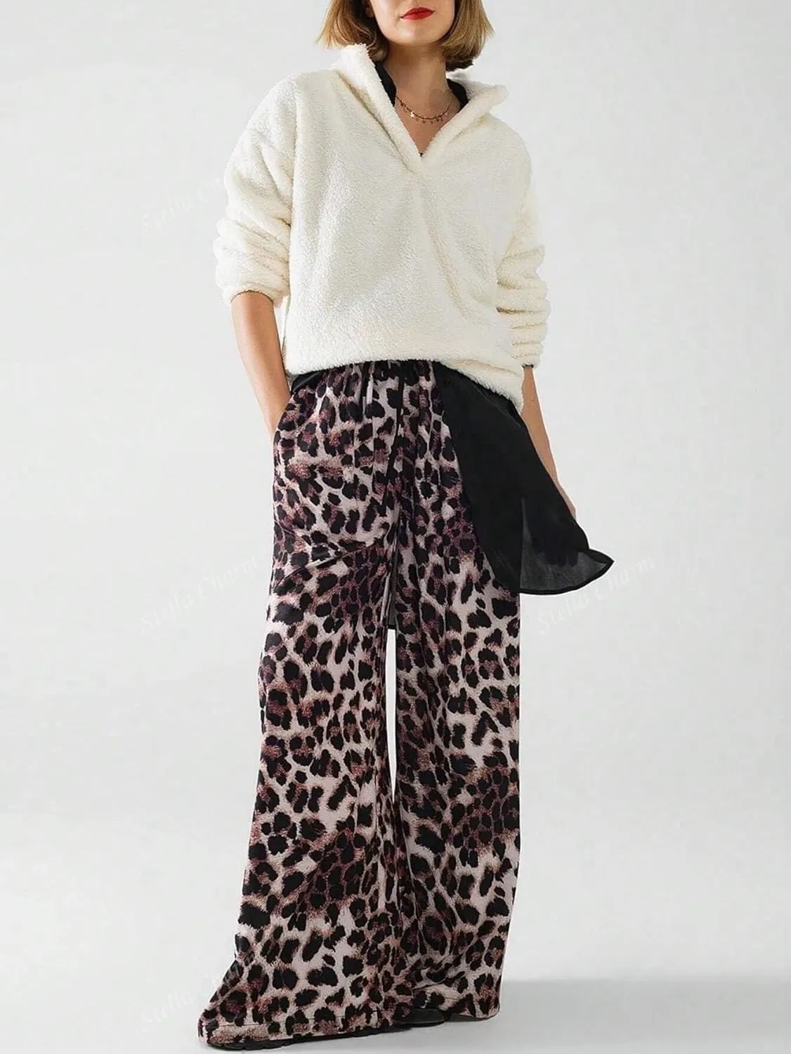 Women's Casual Pants Drawstring Leopard Print Color Block Side Striped Straight Leg Wide Leg Loose Pants