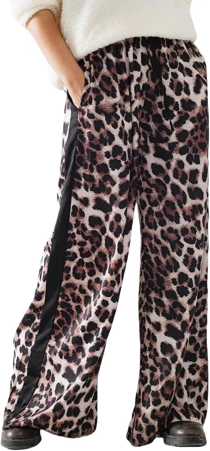 Women's Casual Pants Drawstring Leopard Print Color Block Side Striped Straight Leg Wide Leg Loose Pants