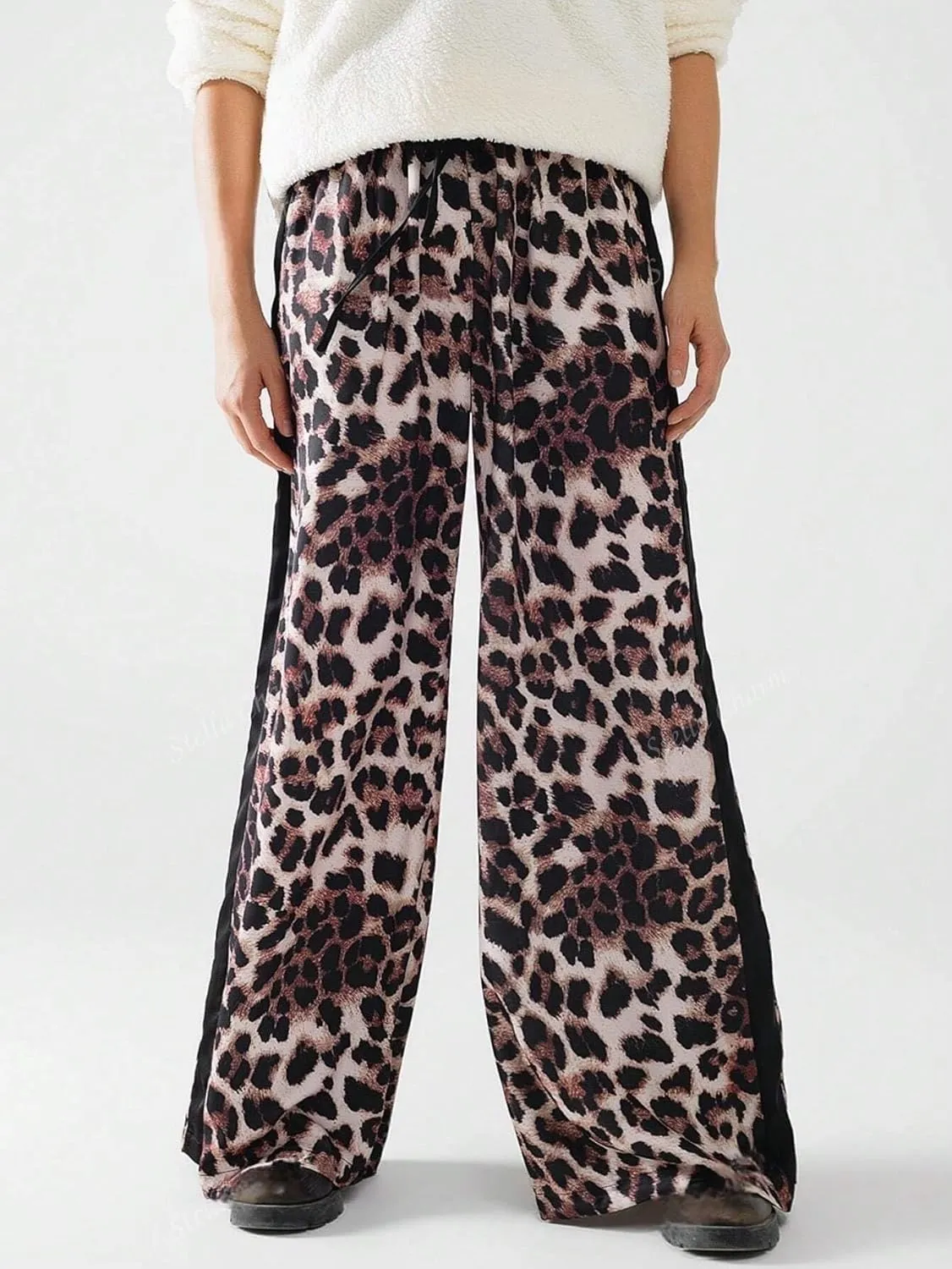 Women's Casual Pants Drawstring Leopard Print Color Block Side Striped Straight Leg Wide Leg Loose Pants