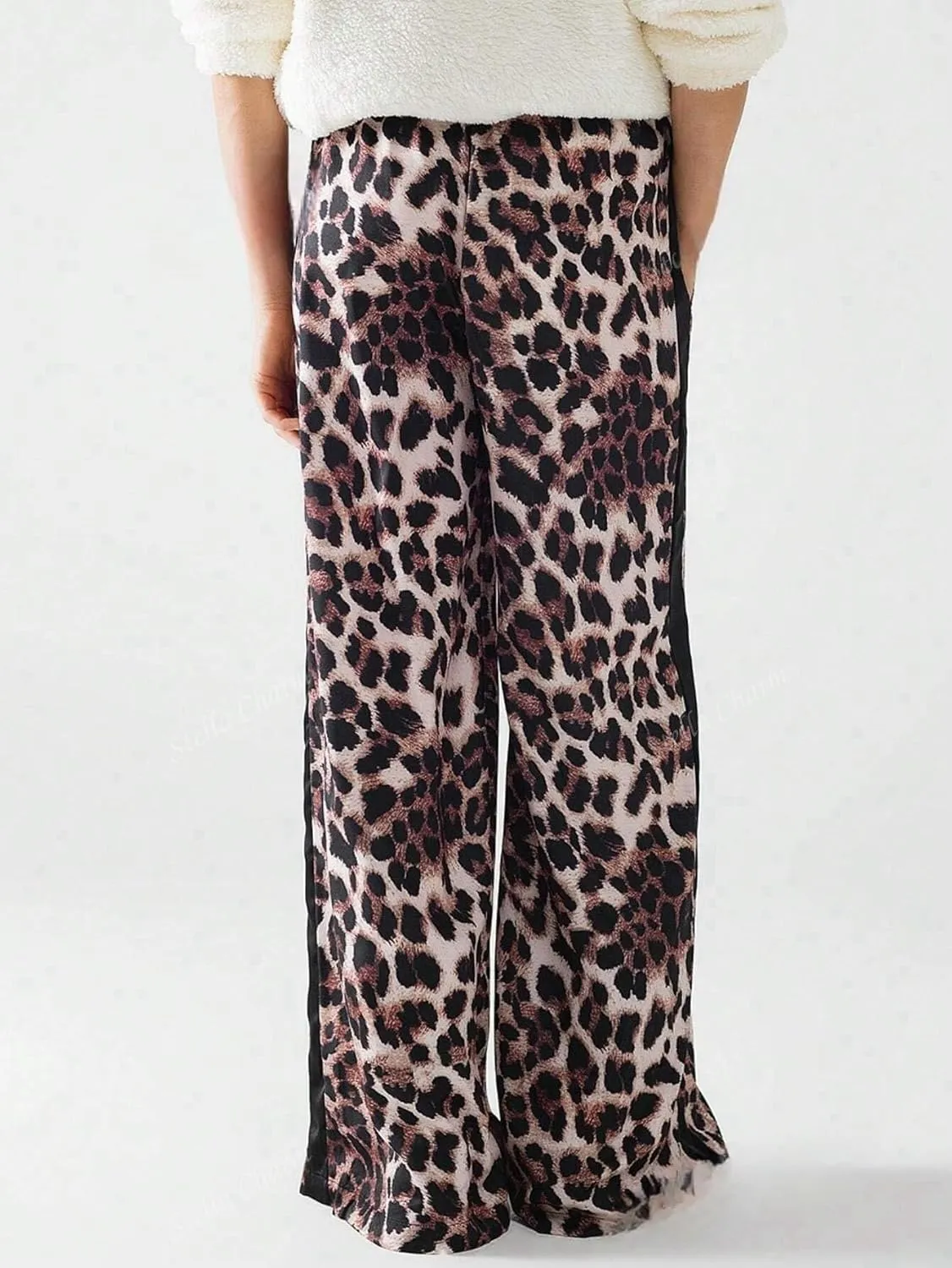 Women's Casual Pants Drawstring Leopard Print Color Block Side Striped Straight Leg Wide Leg Loose Pants