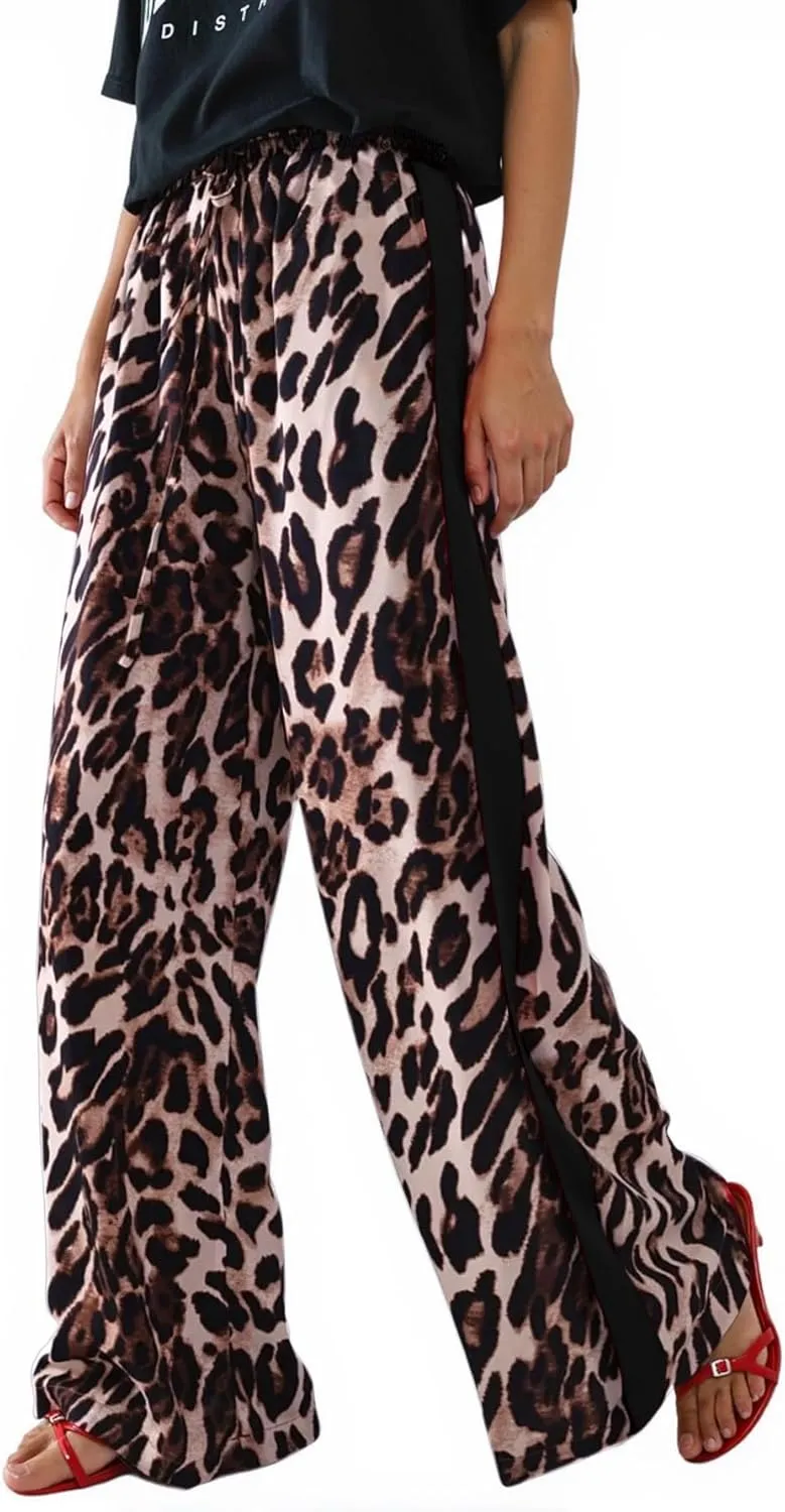 Women's Casual Pants Drawstring Leopard Print Color Block Side Striped Straight Leg Wide Leg Loose Pants