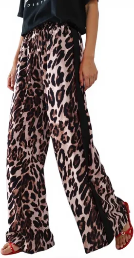 Women's Casual Pants Drawstring Leopard Print Color Block Side Striped Straight Leg Wide Leg Loose Pants