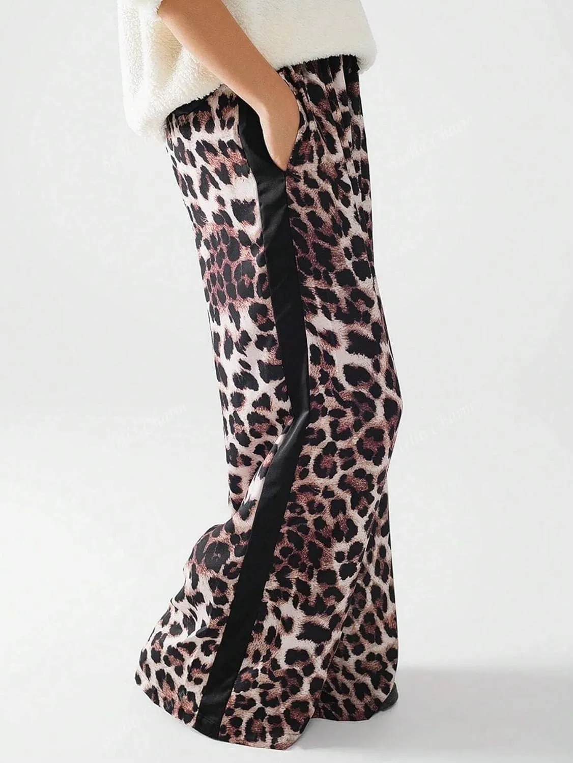 Women's Casual Pants Drawstring Leopard Print Color Block Side Striped Straight Leg Wide Leg Loose Pants