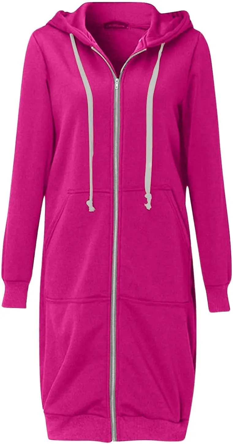 Womens Casual Zip Up Hoodies Fleece Tunic Long Sweatshirts Fall Winter Windproof Hooded Jacket Outerwear with Pockets