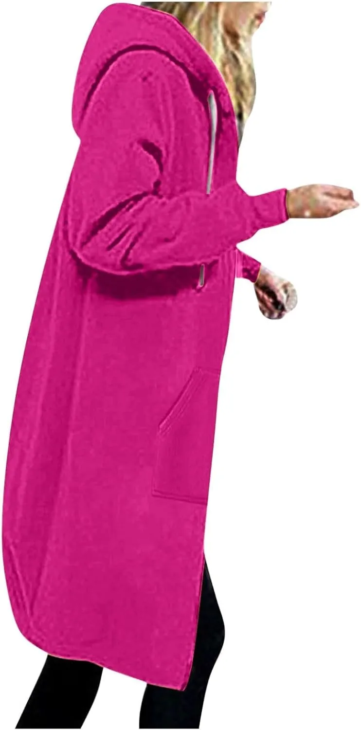 Womens Casual Zip Up Hoodies Fleece Tunic Long Sweatshirts Fall Winter Windproof Hooded Jacket Outerwear with Pockets