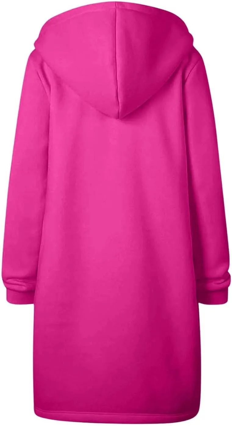 Womens Casual Zip Up Hoodies Fleece Tunic Long Sweatshirts Fall Winter Windproof Hooded Jacket Outerwear with Pockets