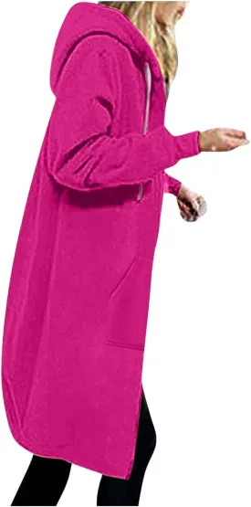 Womens Casual Zip Up Hoodies Fleece Tunic Long Sweatshirts Fall Winter Windproof Hooded Jacket Outerwear with Pockets