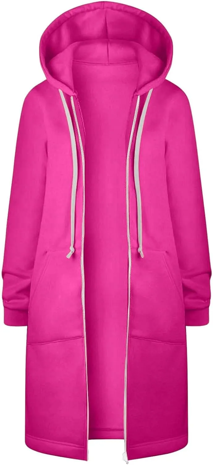Womens Casual Zip Up Hoodies Fleece Tunic Long Sweatshirts Fall Winter Windproof Hooded Jacket Outerwear with Pockets