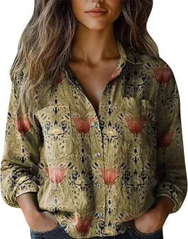 Womens Cotton Linen Printed Fashion Down Shirts Casual Tops Long Sleeve Blouse Beach Cotton Tops Cotton Linen Shirts