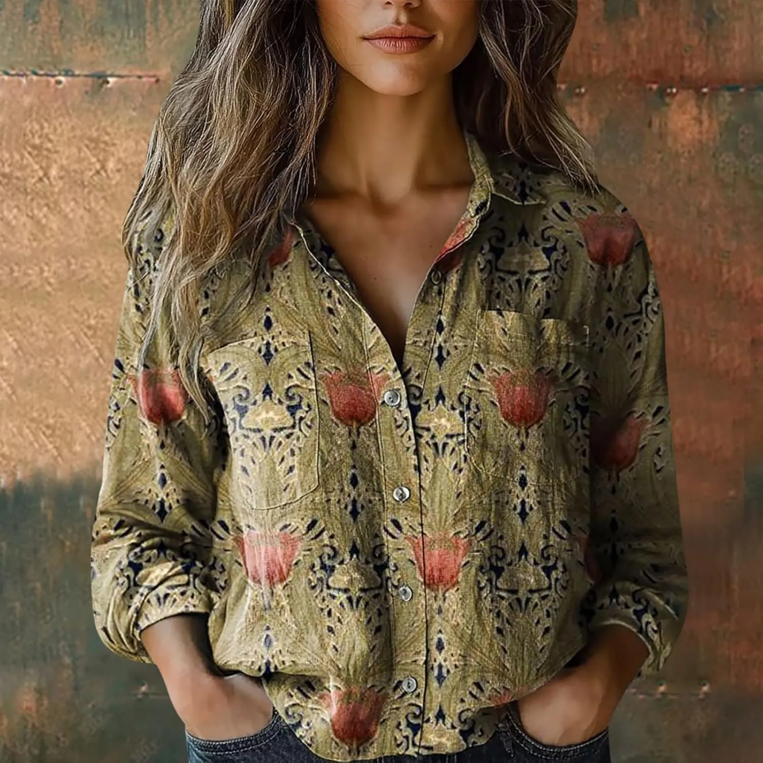 Womens Cotton Linen Printed Fashion Down Shirts Casual Tops Long Sleeve Blouse Beach Cotton Tops Cotton Linen Shirts