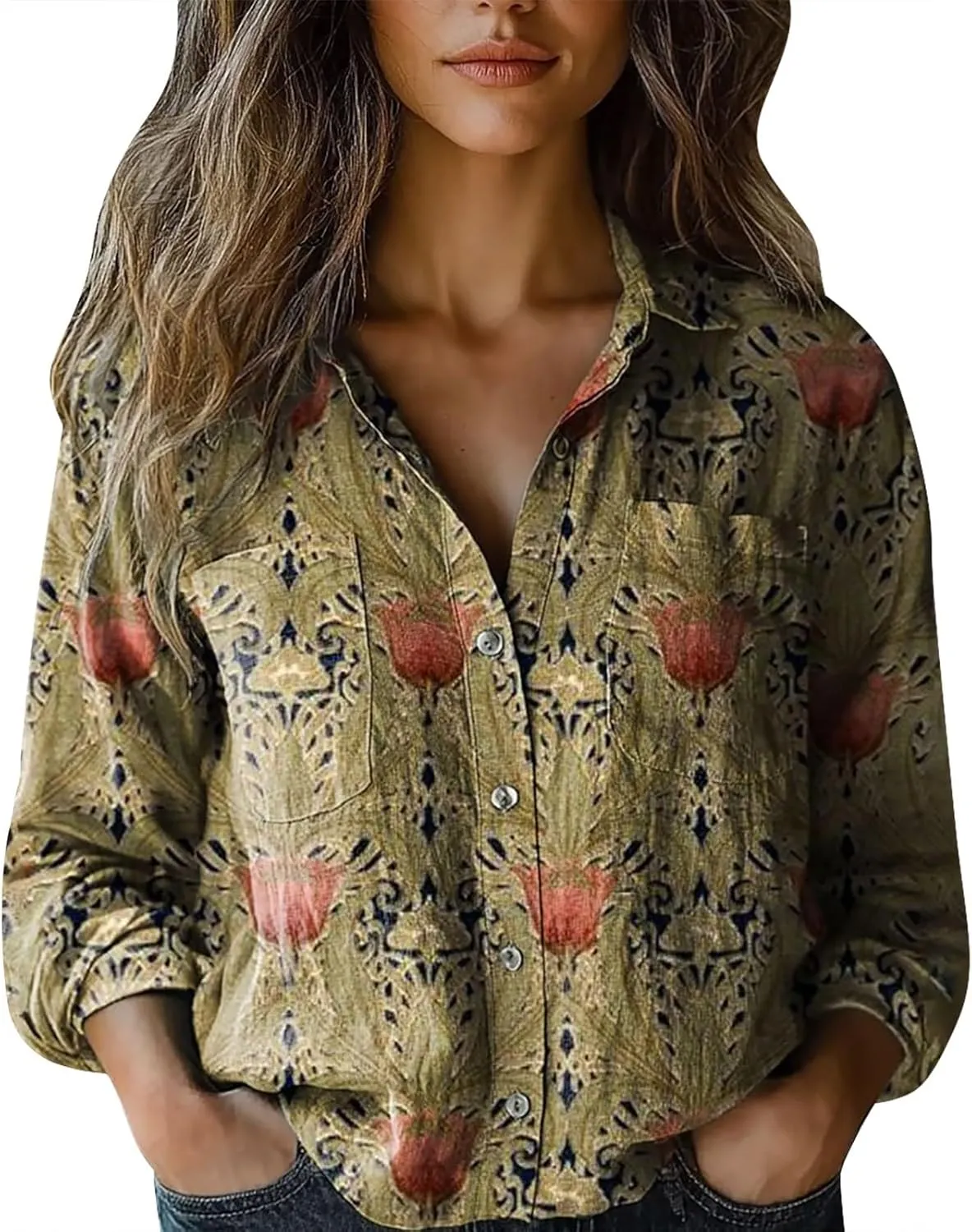 Womens Cotton Linen Printed Fashion Down Shirts Casual Tops Long Sleeve Blouse Beach Cotton Tops Cotton Linen Shirts