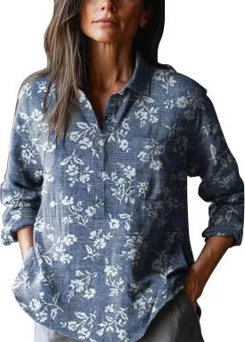 Women's Cotton Linen V-Neck Collar Women's Retro Floral Art Print Casual Long Sleeve Long Sleeve Cotton Gauze Tops