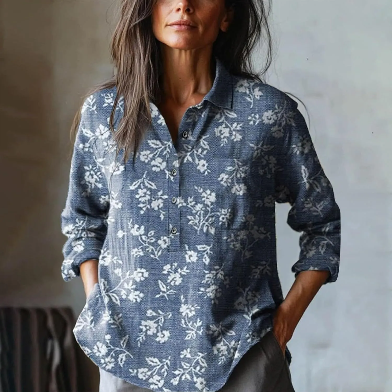 Women's Cotton Linen V-Neck Collar Women's Retro Floral Art Print Casual Long Sleeve Long Sleeve Cotton Gauze Tops