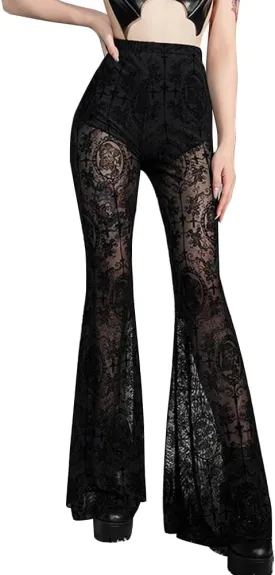 Women's Gothic Flared Pants Sheer Lace High Waisted Bottoms Boho Hippie Mesh 70s Punk Disco Trousers