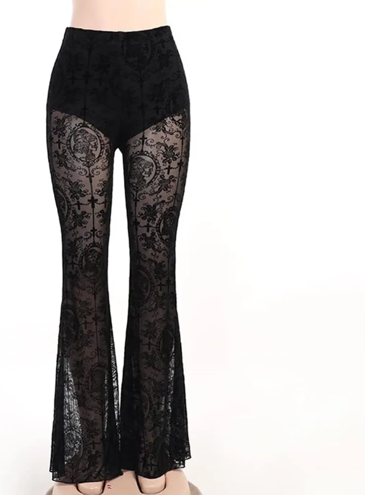 Women's Gothic Flared Pants Sheer Lace High Waisted Bottoms Boho Hippie Mesh 70s Punk Disco Trousers