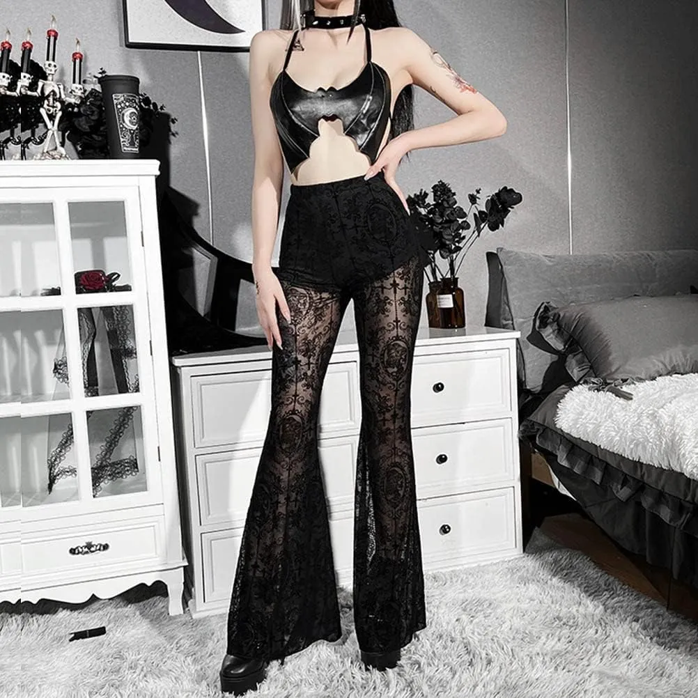 Women's Gothic Flared Pants Sheer Lace High Waisted Bottoms Boho Hippie Mesh 70s Punk Disco Trousers