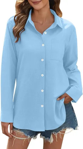 Womens Linen Button Down Shirts Women's Retro Floral Art Print Casual Long Sleeve Long Sleeve Cotton Gauze Tops