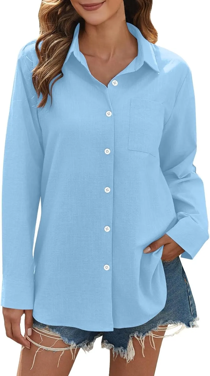 Womens Linen Button Down Shirts Women's Retro Floral Art Print Casual Long Sleeve Long Sleeve Cotton Gauze Tops