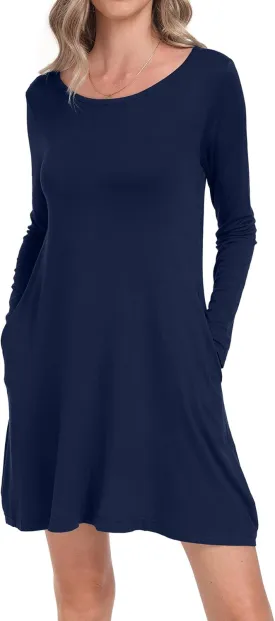 Women's Long Sleeve Pockets Casual Loose T-Shirt Dresses