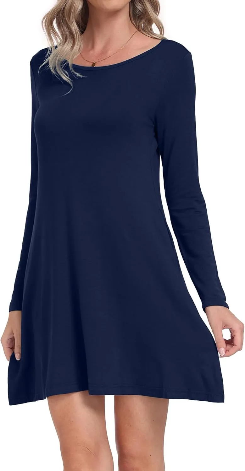 Women's Long Sleeve Pockets Casual Loose T-Shirt Dresses