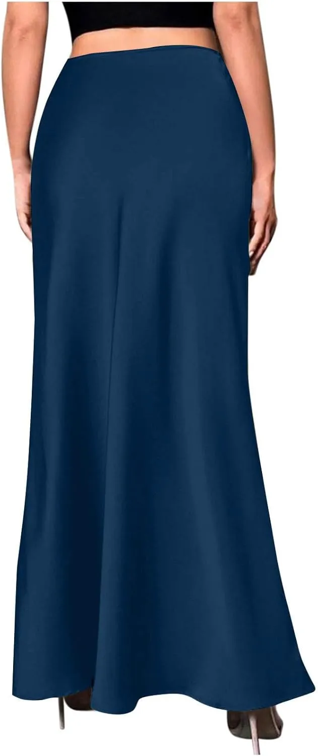 Womens Satin High Waist Elastic Maxi Skirt Silk Elegant Dressy Bodycon A-Line Long Skirts Cocktail Party Outfits