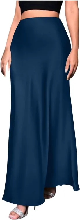 Womens Satin High Waist Elastic Maxi Skirt Silk Elegant Dressy Bodycon A-Line Long Skirts Cocktail Party Outfits