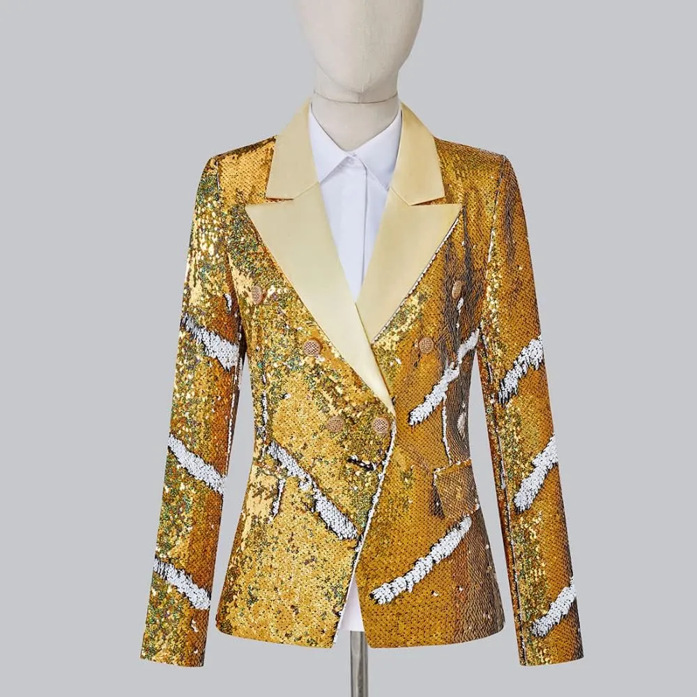 Women's Suit Tuxedo Coat Stylish Two Color Conversion Shiny Sequins Shawl Lapel Blazer Suit Jacket for Party,Banquet