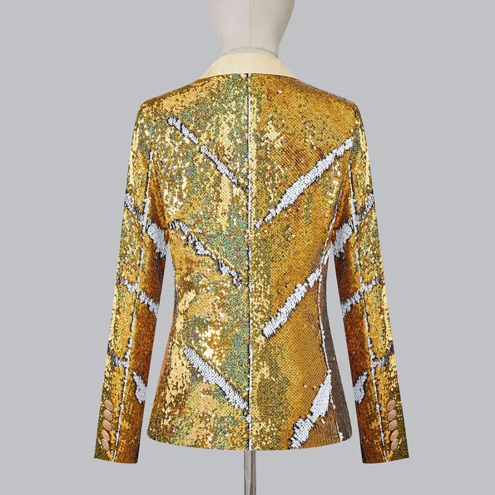 Women's Suit Tuxedo Coat Stylish Two Color Conversion Shiny Sequins Shawl Lapel Blazer Suit Jacket for Party,Banquet