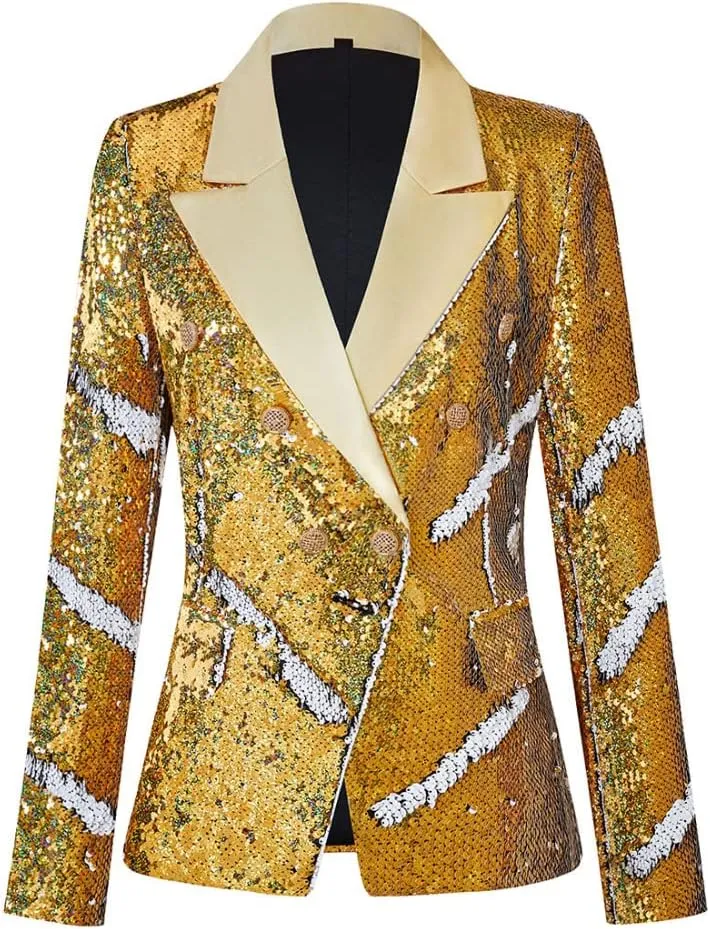 Women's Suit Tuxedo Coat Stylish Two Color Conversion Shiny Sequins Shawl Lapel Blazer Suit Jacket for Party,Banquet