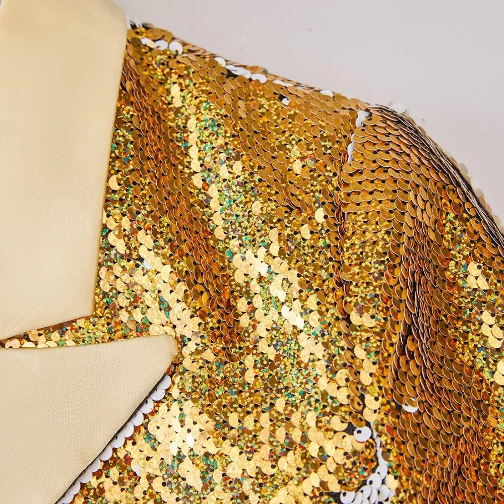 Women's Suit Tuxedo Coat Stylish Two Color Conversion Shiny Sequins Shawl Lapel Blazer Suit Jacket for Party,Banquet