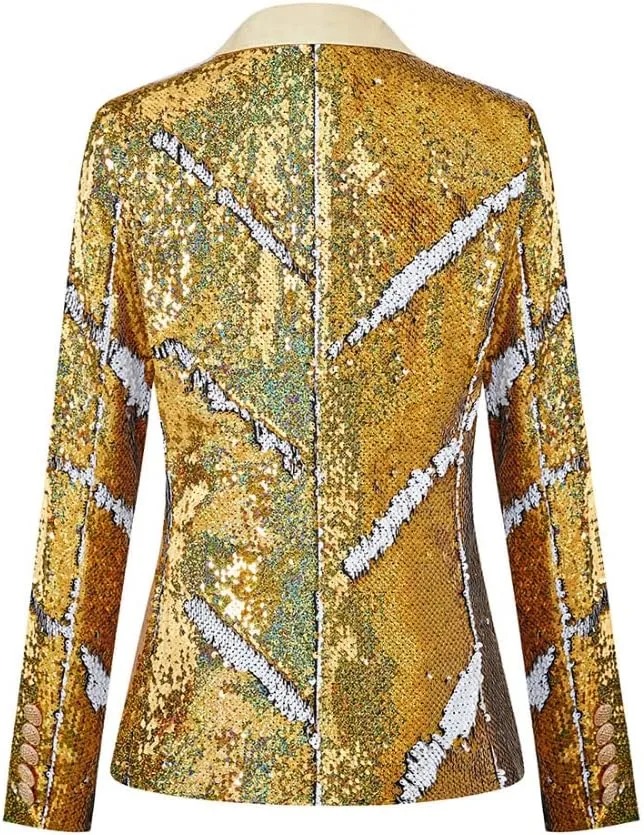 Women's Suit Tuxedo Coat Stylish Two Color Conversion Shiny Sequins Shawl Lapel Blazer Suit Jacket for Party,Banquet