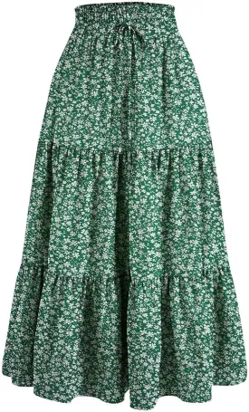 Womens Summer Casual A-Line Long Skirt Tiered High Waist Beach Outfits Elastic Waist Bohemian Print Maxi Skirt