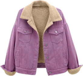 Womens Winter Warm Jean Jacket Stand Collar Wool Liner Sherpa Denim Coats Fleece Lined Denim Trucker Jacket Outerwear