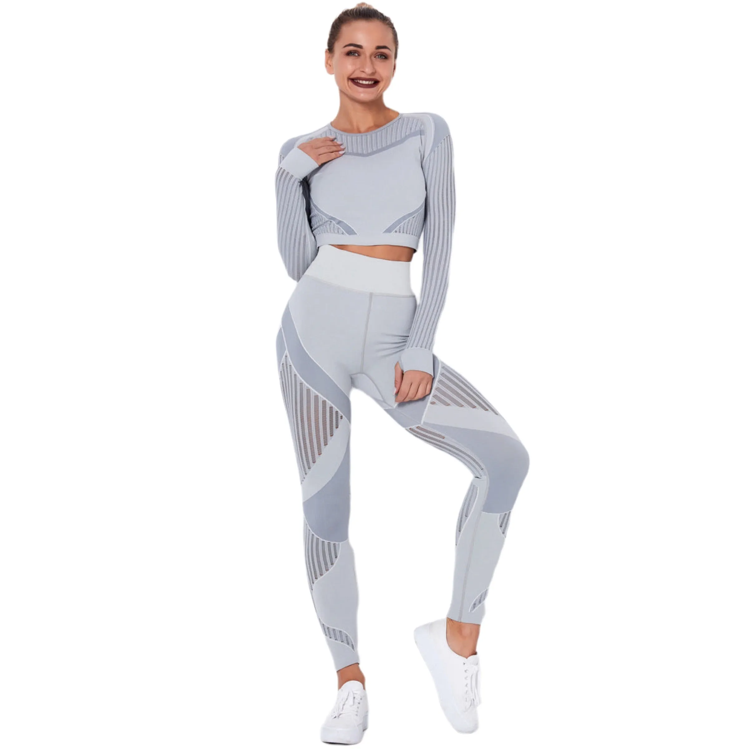 Yoga Crop Top Long Sleeve Striped Fitness Size XS, S, M, L