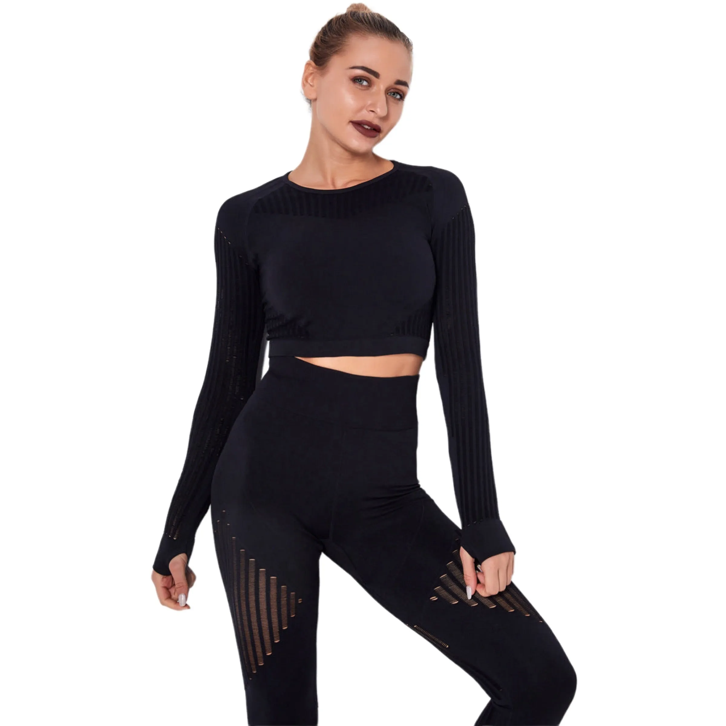 Yoga Crop Top Long Sleeve Striped Fitness Size XS, S, M, L