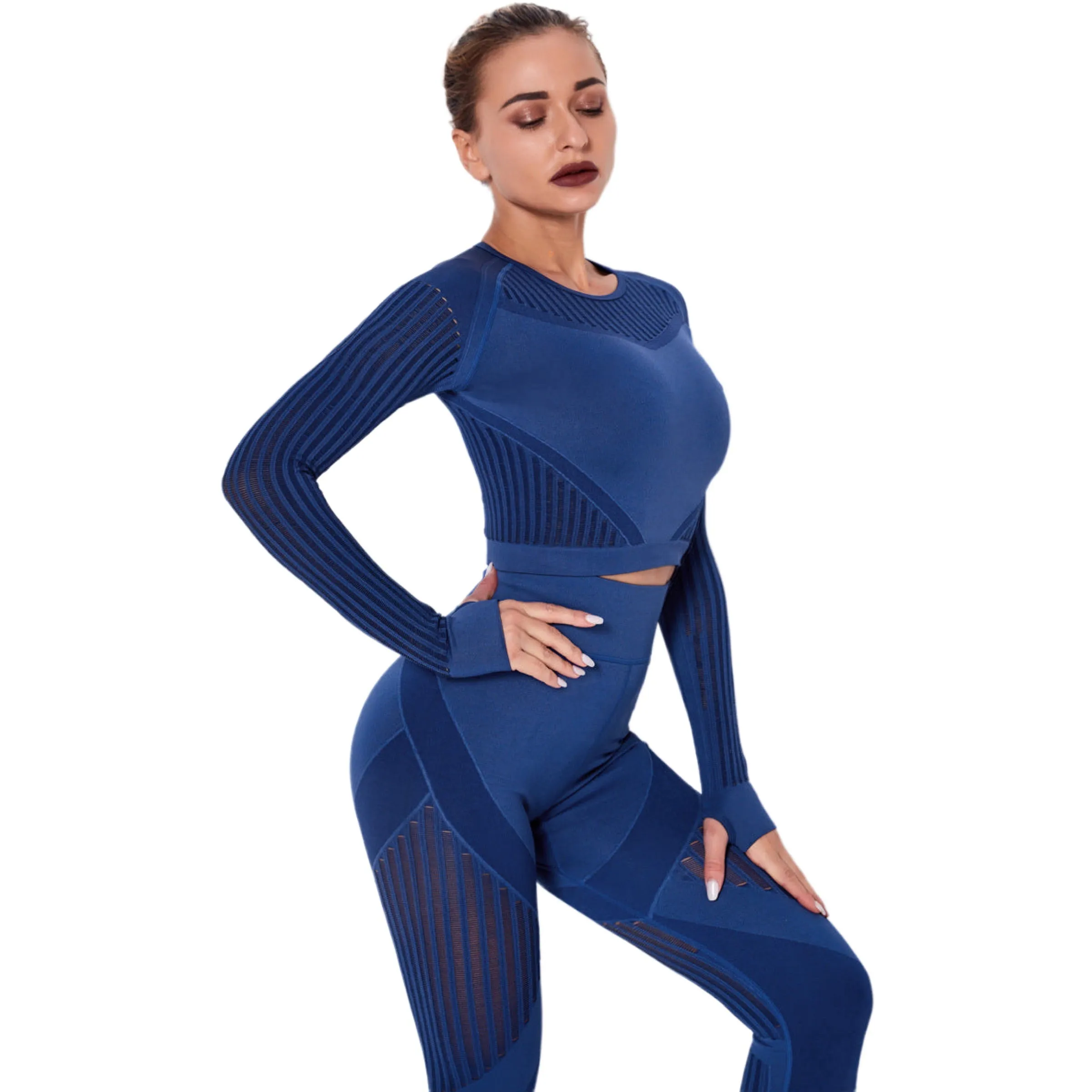 Yoga Crop Top Long Sleeve Striped Fitness Size XS, S, M, L