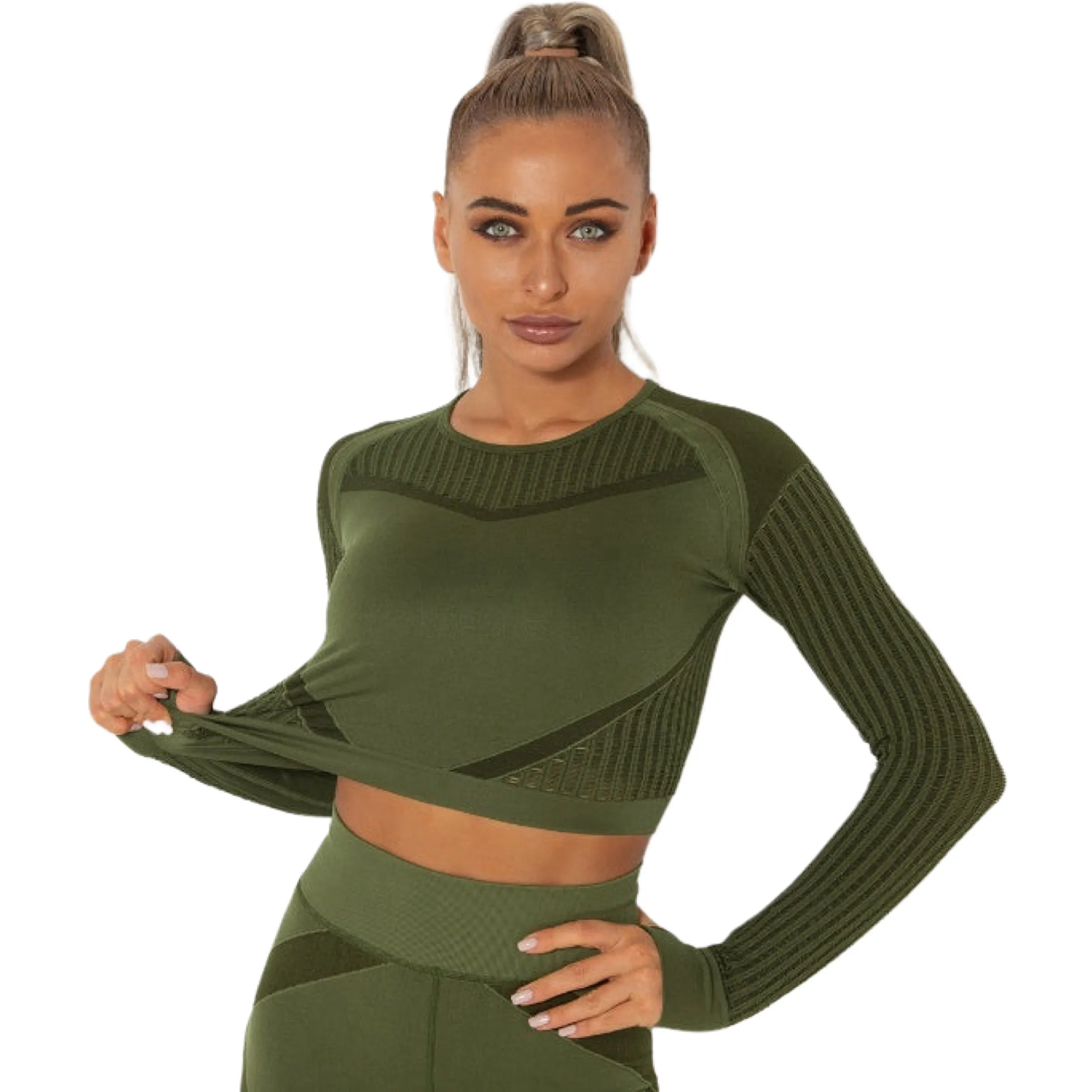 Yoga Crop Top Long Sleeve Striped Fitness Size XS, S, M, L