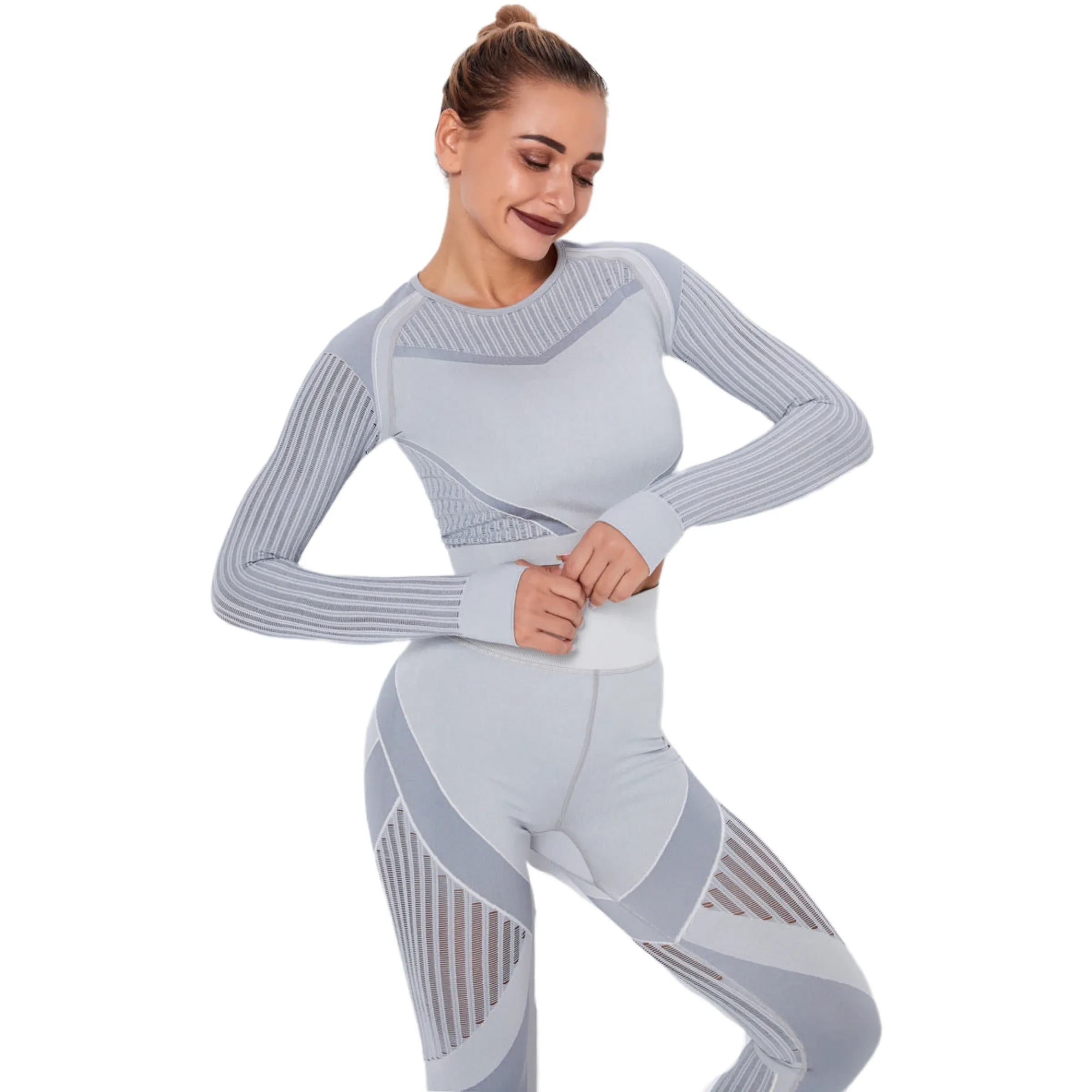 Yoga Crop Top Long Sleeve Striped Fitness Size XS, S, M, L
