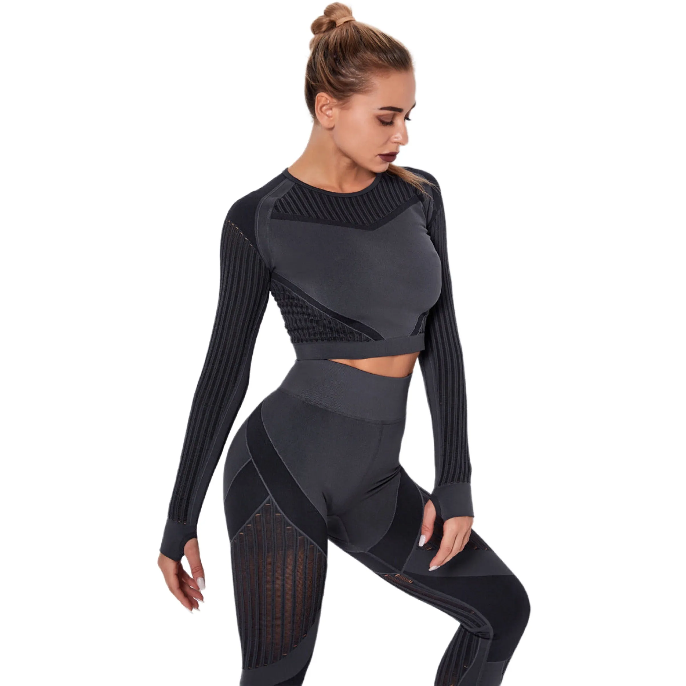 Yoga Crop Top Long Sleeve Striped Fitness Size XS, S, M, L